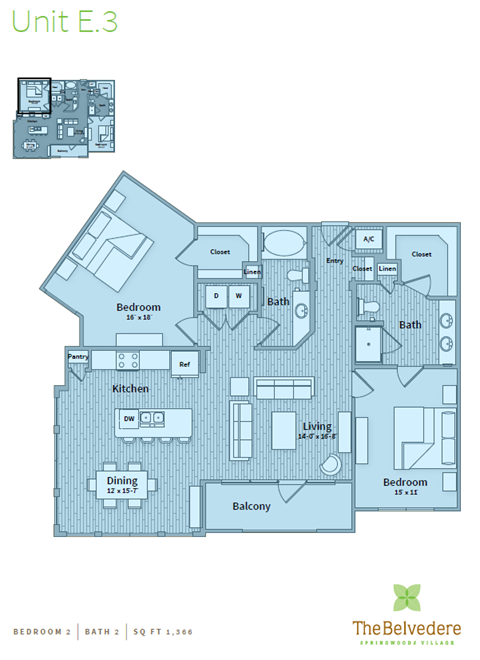 Floor plan for 2 beds, 2 baths, 1366 sqft
